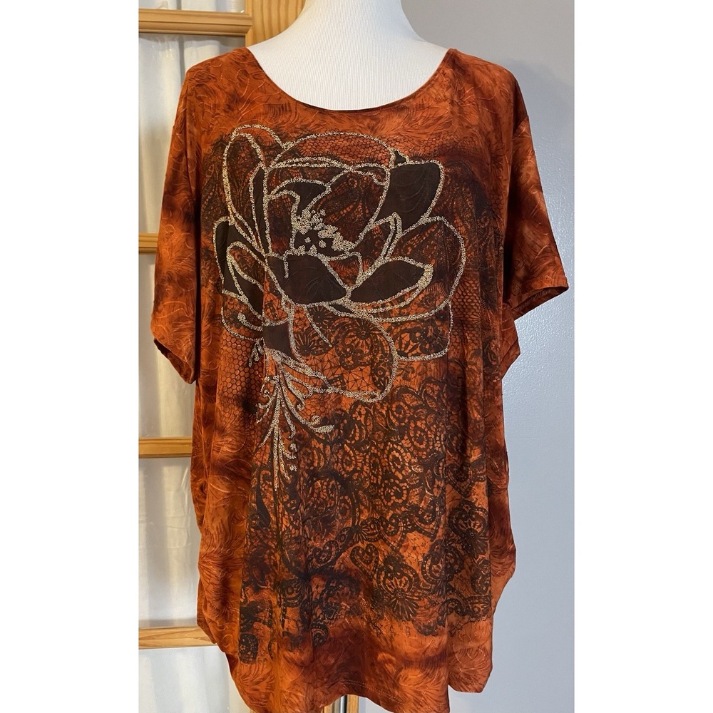 90s Essentials Floral Blouse 3X Rustic Brown Beads Side Ruched Boho Cottagecore